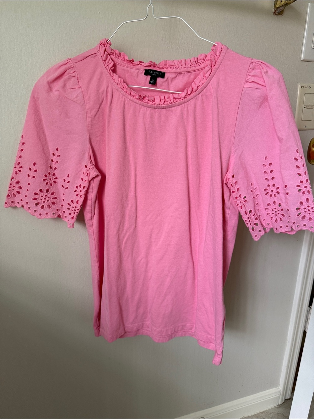 Talbots Pink Eyelet Sleeve Ruffle Neck Tee Shirt